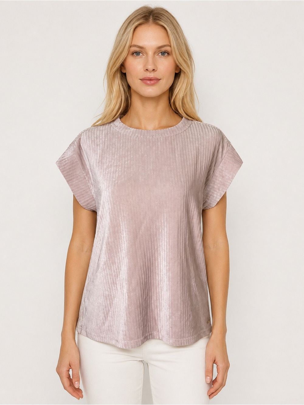 BCBGMAXAZRIA Velour Ribbed Short Sleeve Top Blush Lilac Boxy Sz S Stretch Casual